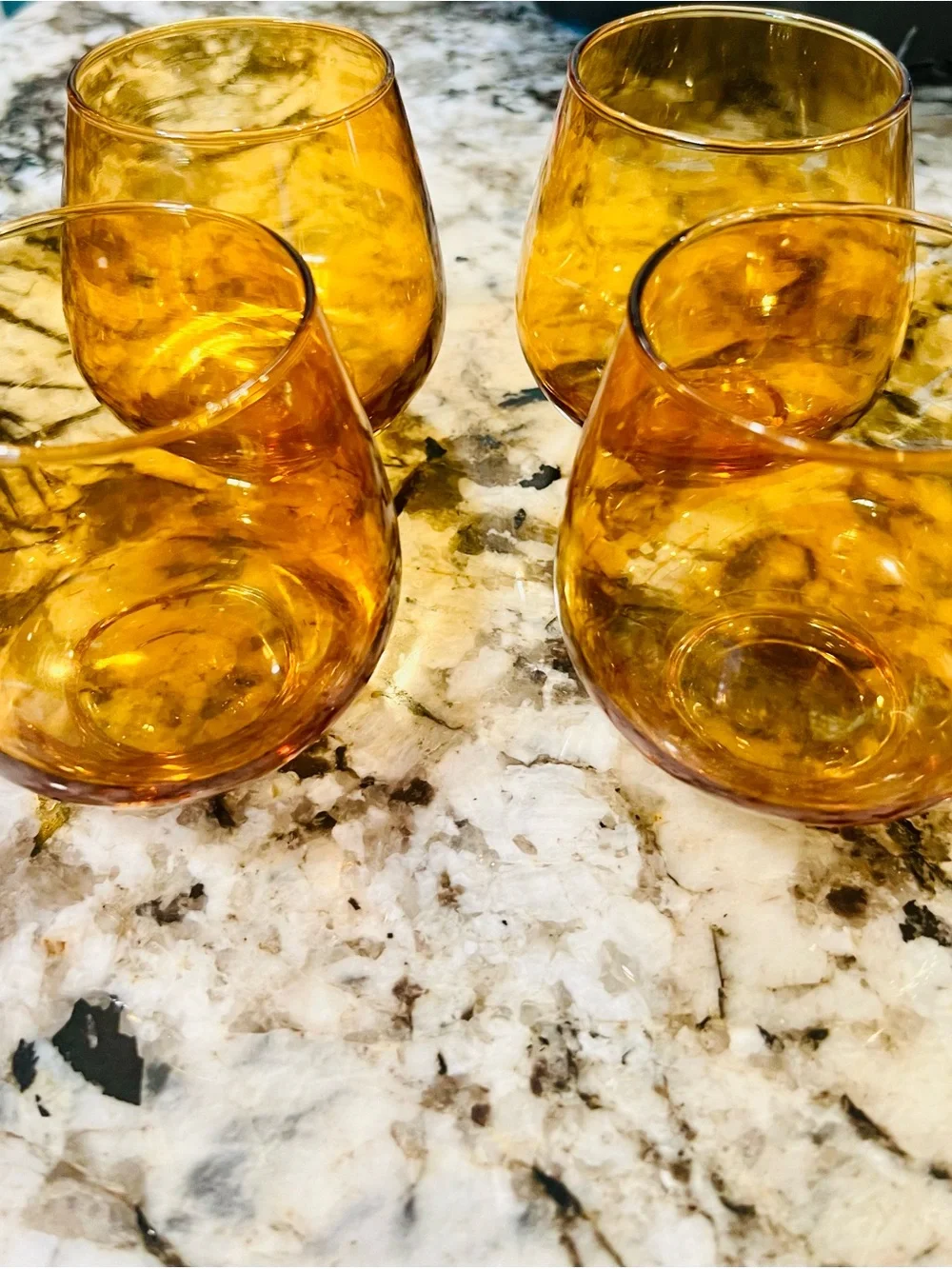 Vintage, 70’s Amber Curved Stemless Glasses - Set of 4